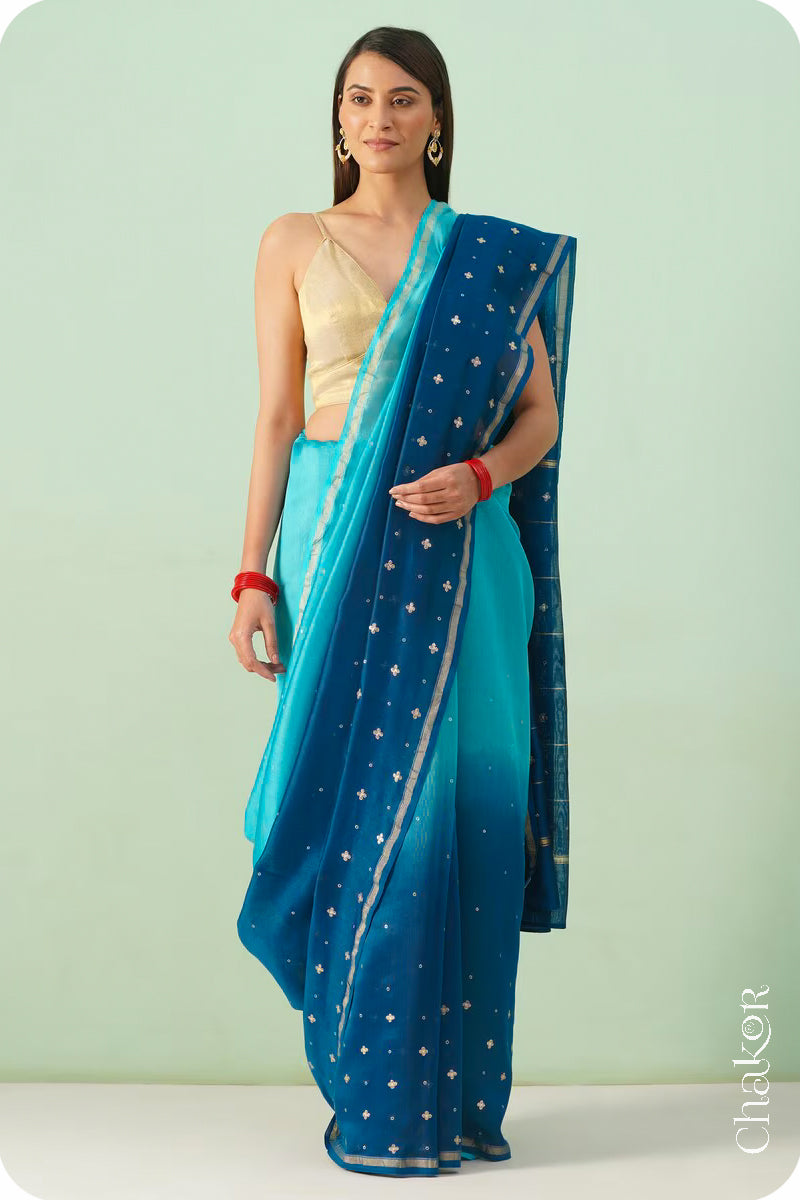 Turquoise Navy Shaded Chanderi Silk Cotton Saree