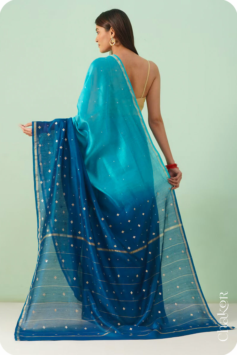 Turquoise Navy Shaded Chanderi Silk Cotton Saree