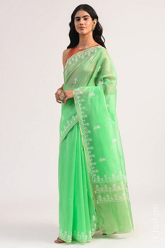 Model wearing a sea green Chanderi silk cotton saree with tissue pallu and aari embroidered borders.
