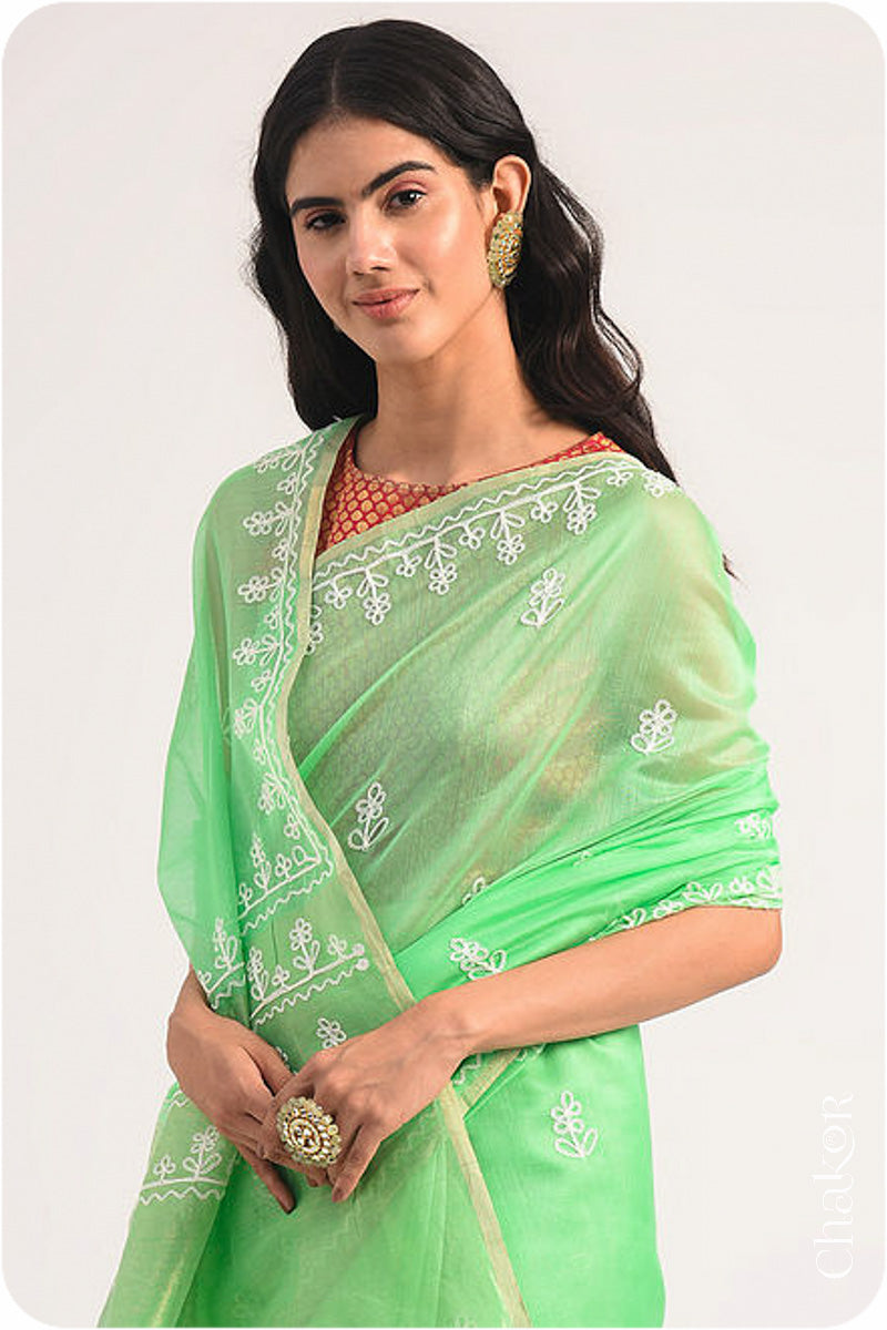 Sea Green Chanderi Silk Cotton Saree