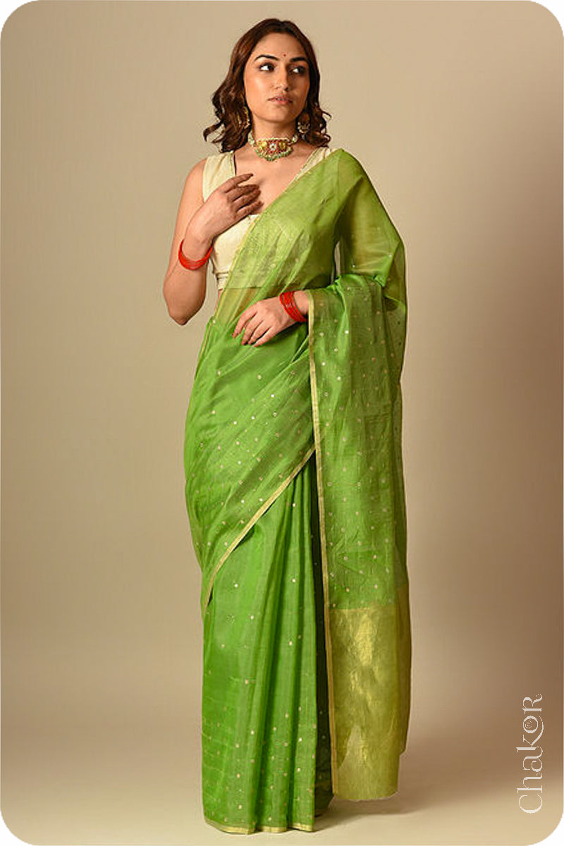 Chakor's Embroidered Mehendi Chanderi silk cotton saree with sequins and mukaish.