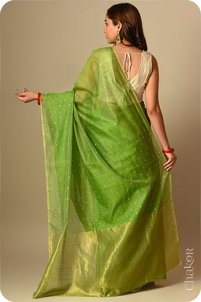 Chakor's Embroidered Mehendi Chanderi silk cotton saree with sequins and mukaish.