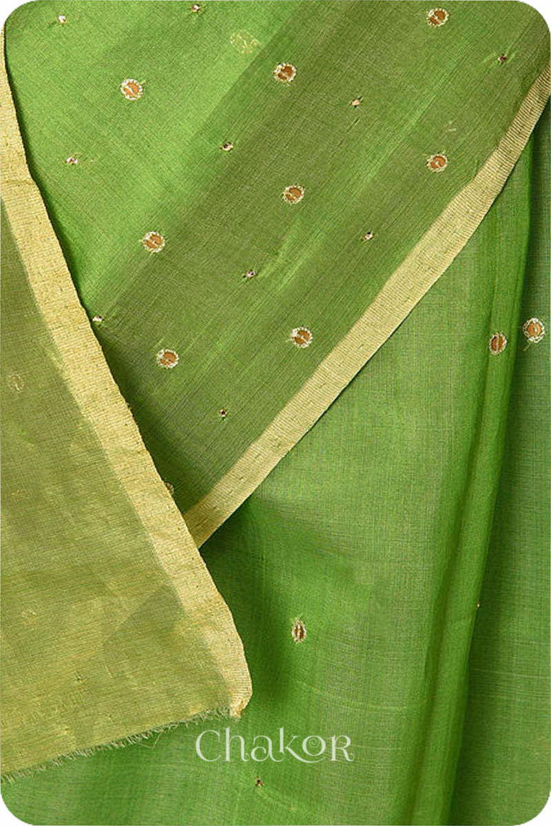 Chakor's Embroidered Mehendi Chanderi silk cotton saree with sequins and mukaish.