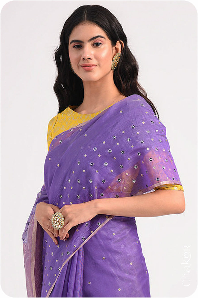 Chakor's Lavender Handloom Silk Cotton Saree with woven tissue pallu & delicate mirror & sequin work buttis.