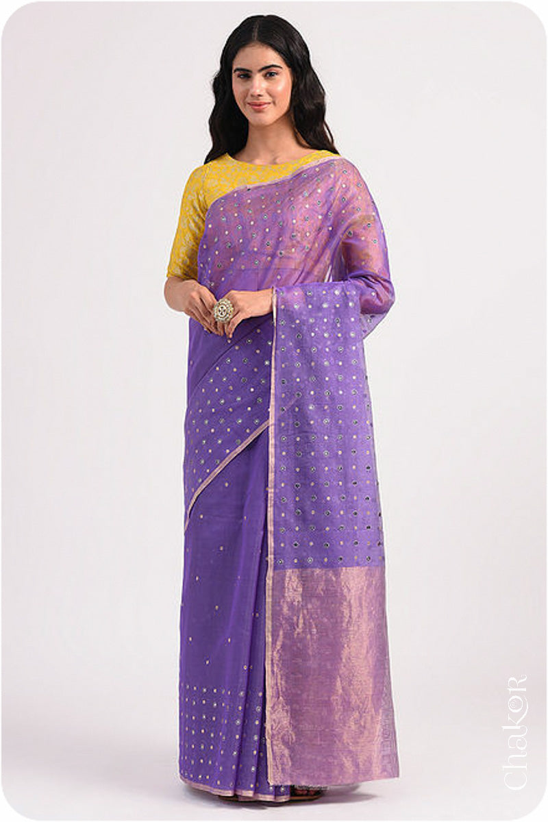 Chakor's Lavender Handloom Silk Cotton Saree with woven tissue pallu & delicate mirror & sequin work buttis.