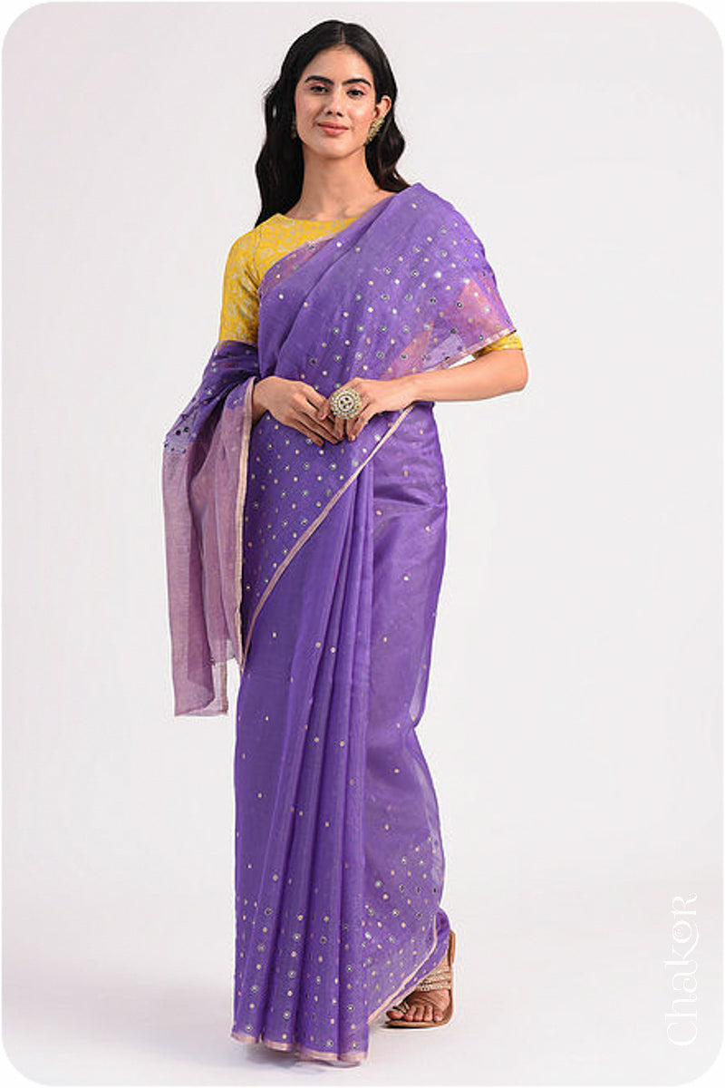 Chakor's Lavender Handloom Silk Cotton Saree with woven tissue pallu & delicate mirror & sequin work buttis.