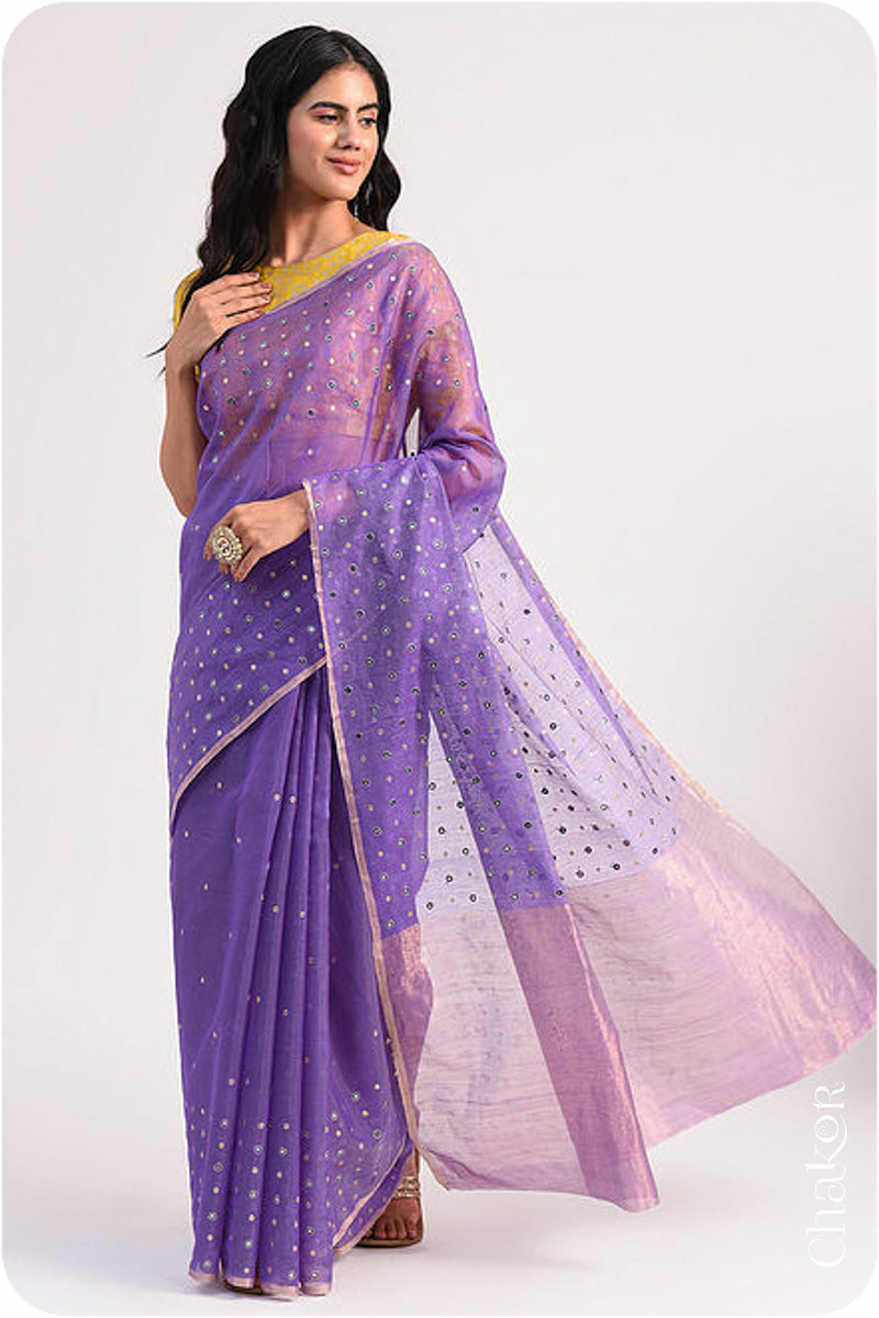 Chakor's Lavender Handloom Silk Cotton Saree with woven tissue pallu & delicate mirror & sequin work buttis.