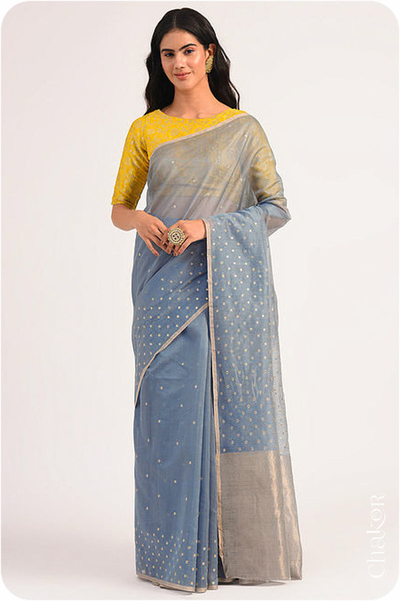 Chakor's Grey Handloom Silk Cotton Saree with woven tissue pallu & delicate sequin work buttis.