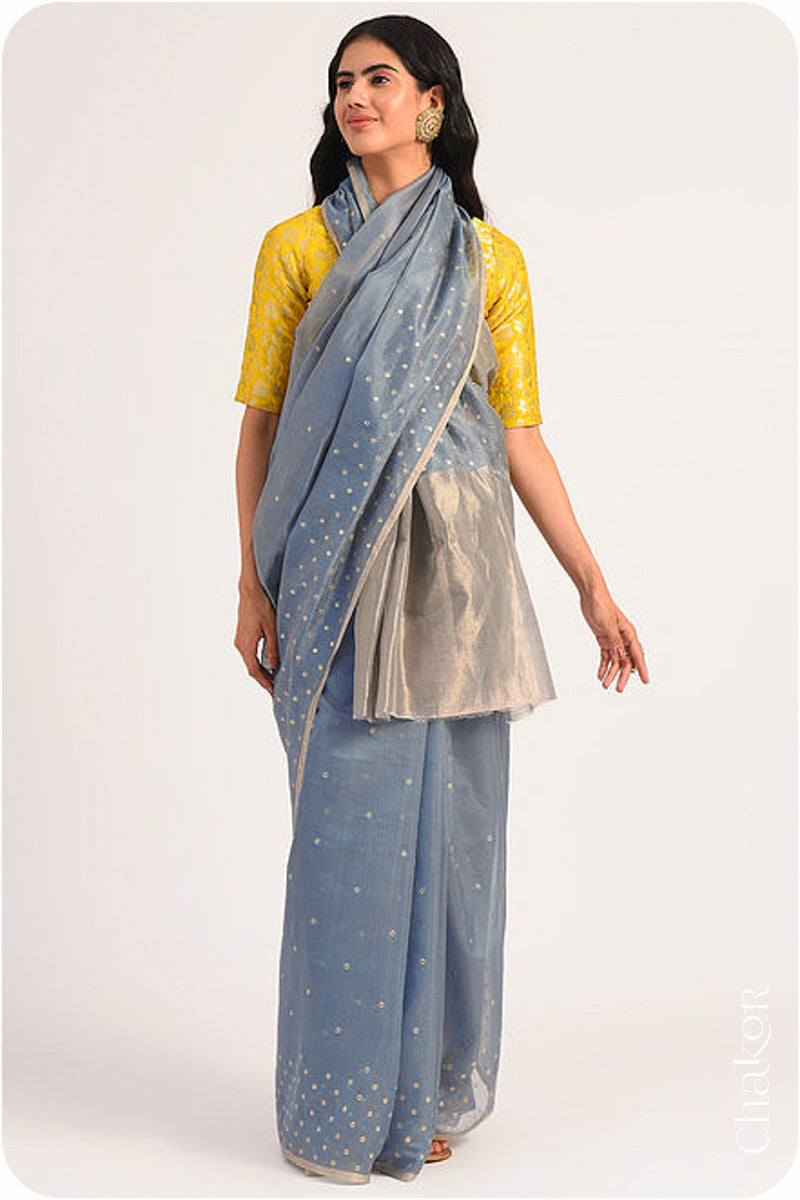 Chakor's Grey Handloom Silk Cotton Saree with woven tissue pallu & delicate sequin work buttis.