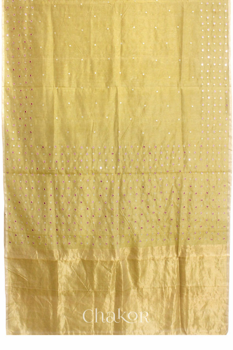 Chakor's Mustard Handloom Silk Cotton Saree with woven tissue pallu & delicate mirror & sequin work buttis.