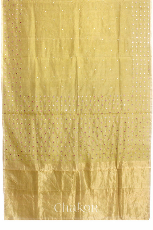 Chakor's Mustard Handloom Silk Cotton Saree with woven tissue pallu & delicate mirror & sequin work buttis.