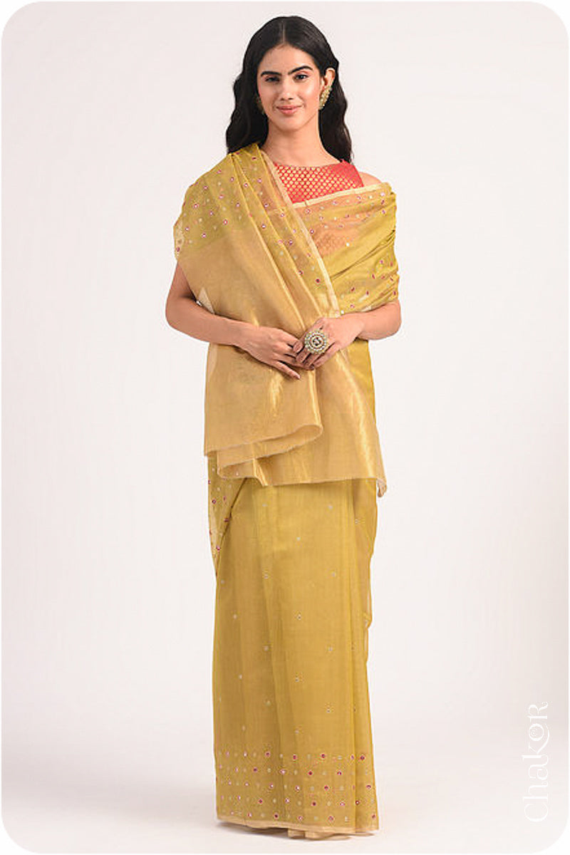 Chakor's Mustard Handloom Silk Cotton Saree with woven tissue pallu & delicate mirror & sequin work buttis.