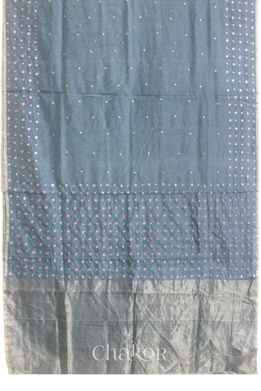 Chakor's Grey Handloom Silk Cotton Saree with woven tissue pallu & delicate mirror & sequin work buttis.
