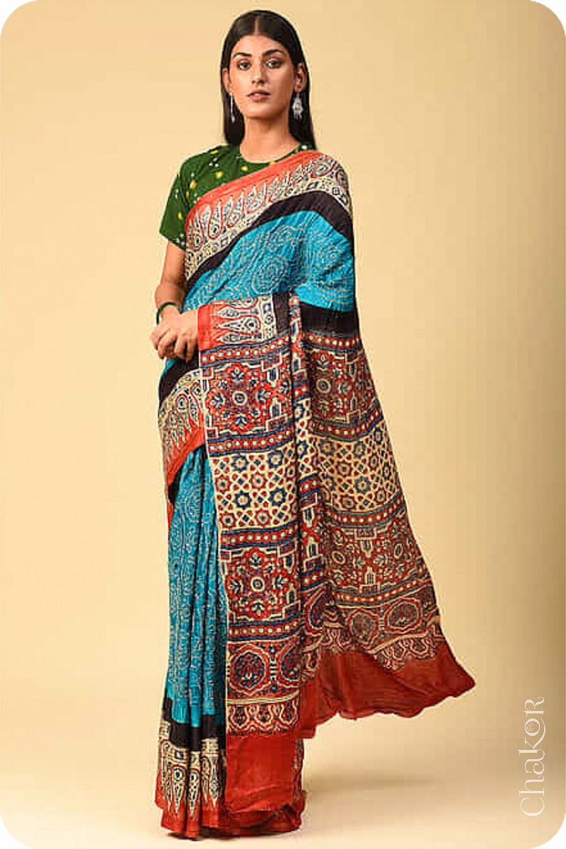 Chakor's traditional Blue Red Bandhani Ajrakh saree.