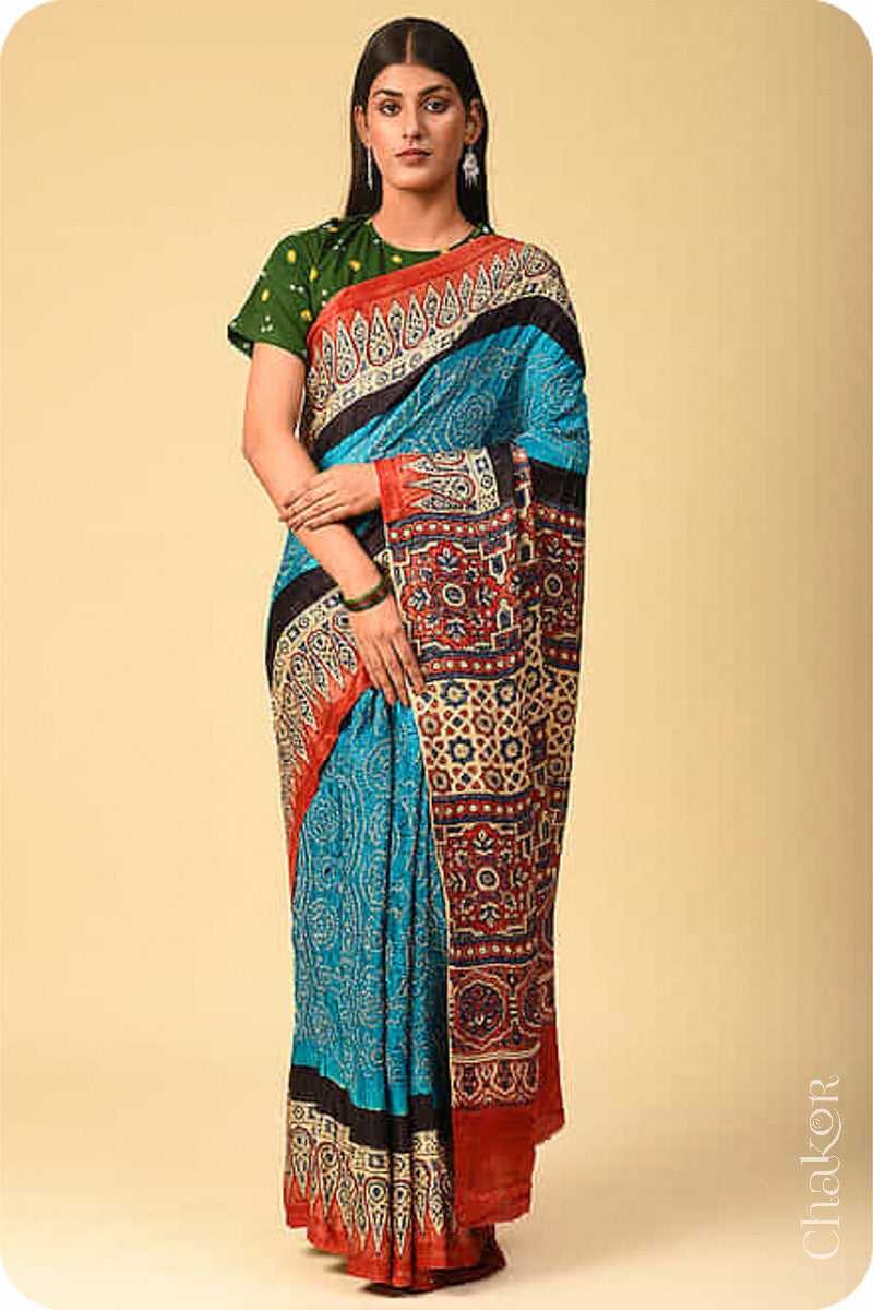 Chakor's traditional Blue Red Bandhani Ajrakh saree.