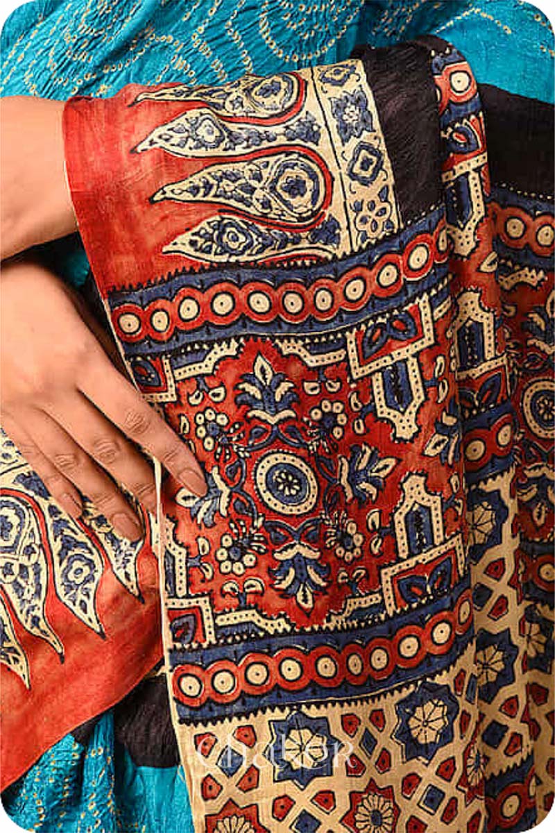 Chakor's traditional Blue Red Bandhani Ajrakh saree.