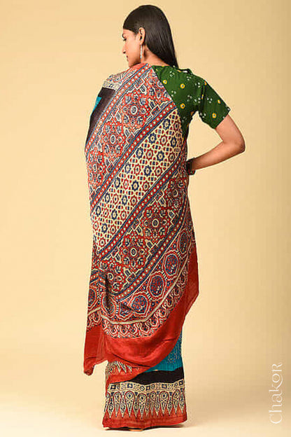 Chakor's traditional Blue Red Bandhani Ajrakh saree.