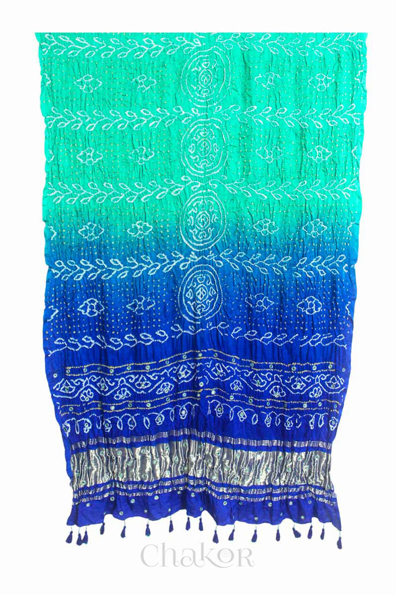 Sea Green Blue Ombre Bandhani Gaji Silk Dupatta