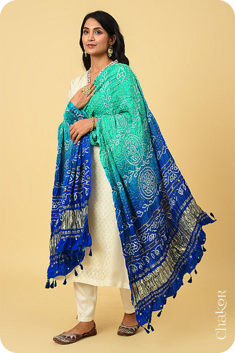 Sea Green Blue Ombre Bandhani Gaji Silk Dupatta