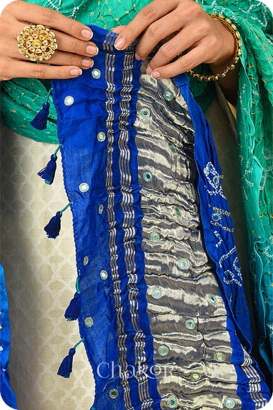 Sea Green Blue Ombre Bandhani Gaji Silk Dupatta