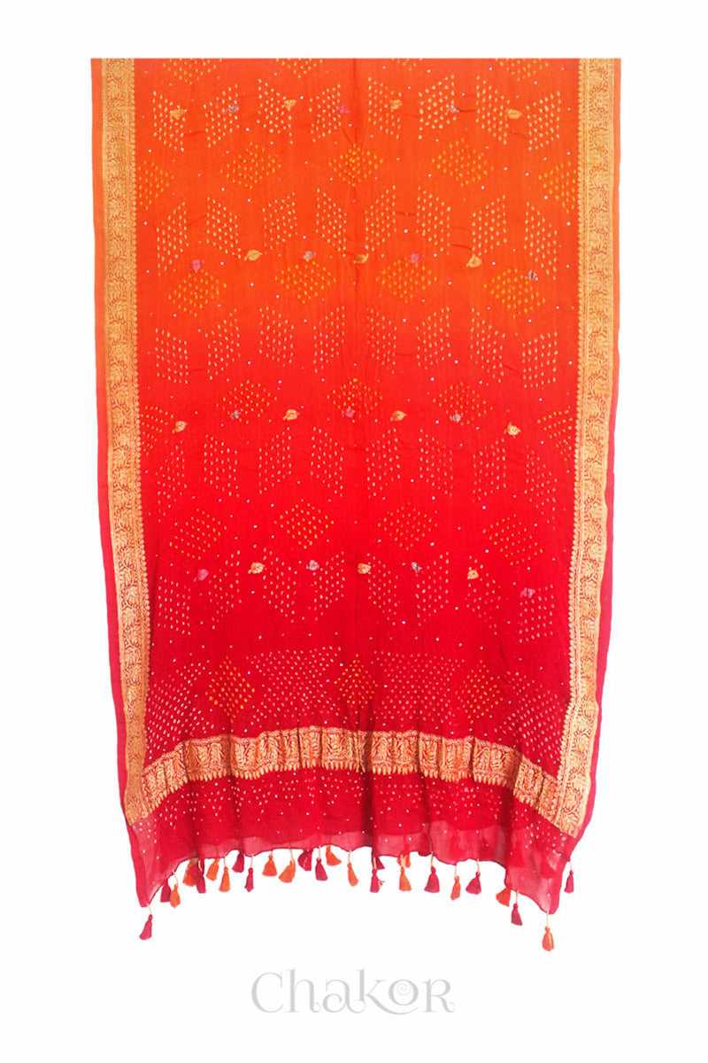 Orange Red Ombre Bandhani Banarasi Silk Dupatta