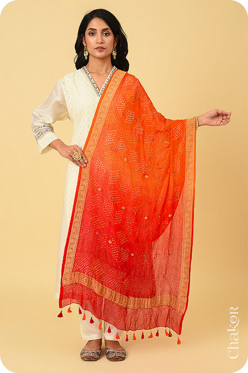 Orange Red Ombre Bandhani Banarasi Silk Dupatta