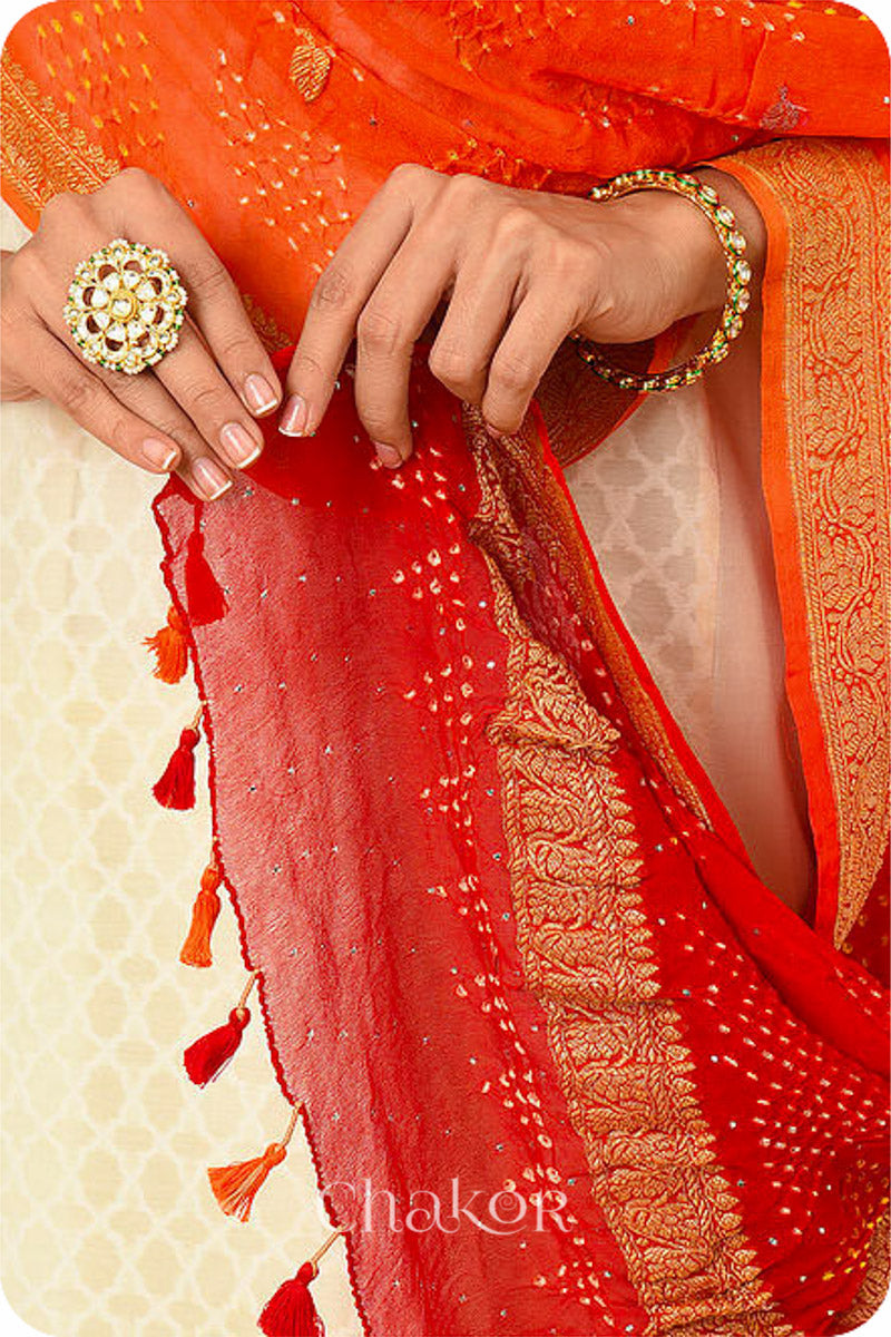 Orange Red Ombre Bandhani Banarasi Silk Dupatta