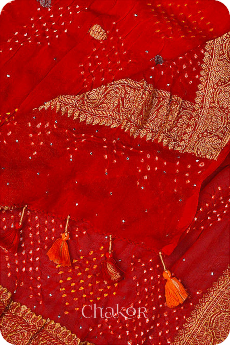 Orange Red Ombre Bandhani Banarasi Silk Dupatta