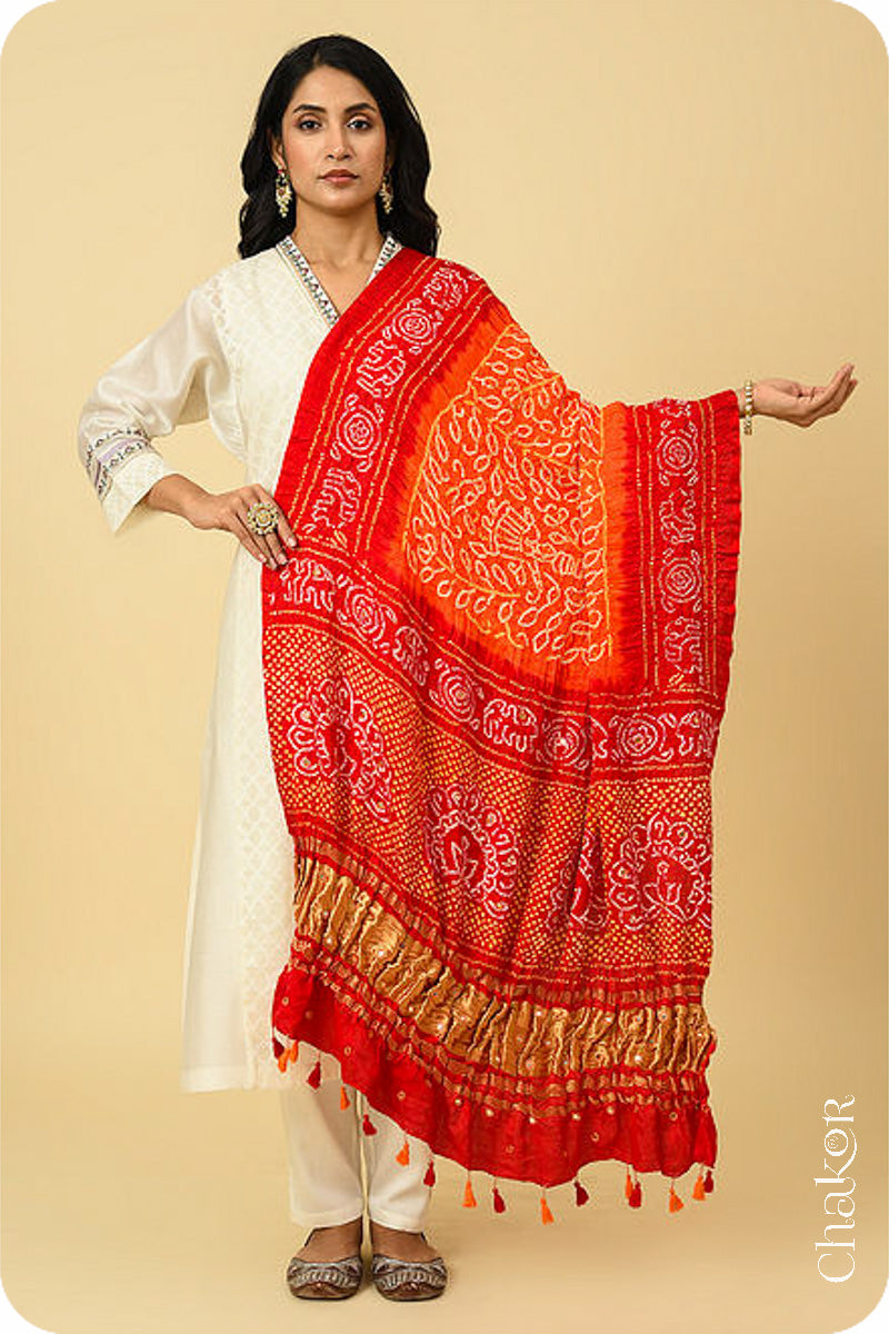 Orange Red Bandhani Gaji Silk Dupatta