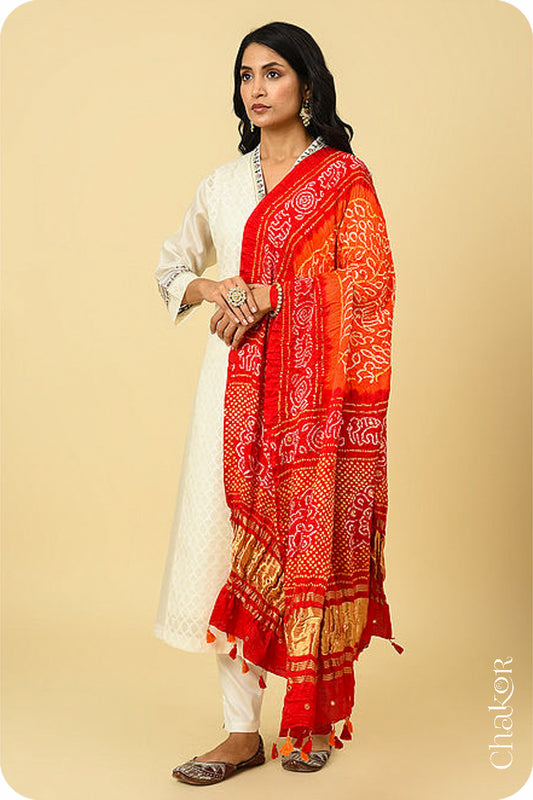 Orange Red Bandhani Gaji Silk Dupatta