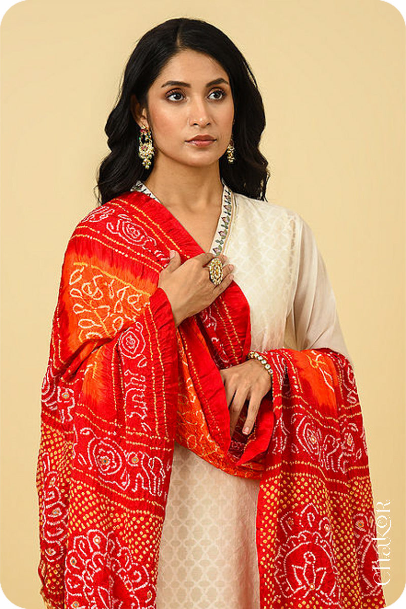 Orange Red Bandhani Gaji Silk Dupatta