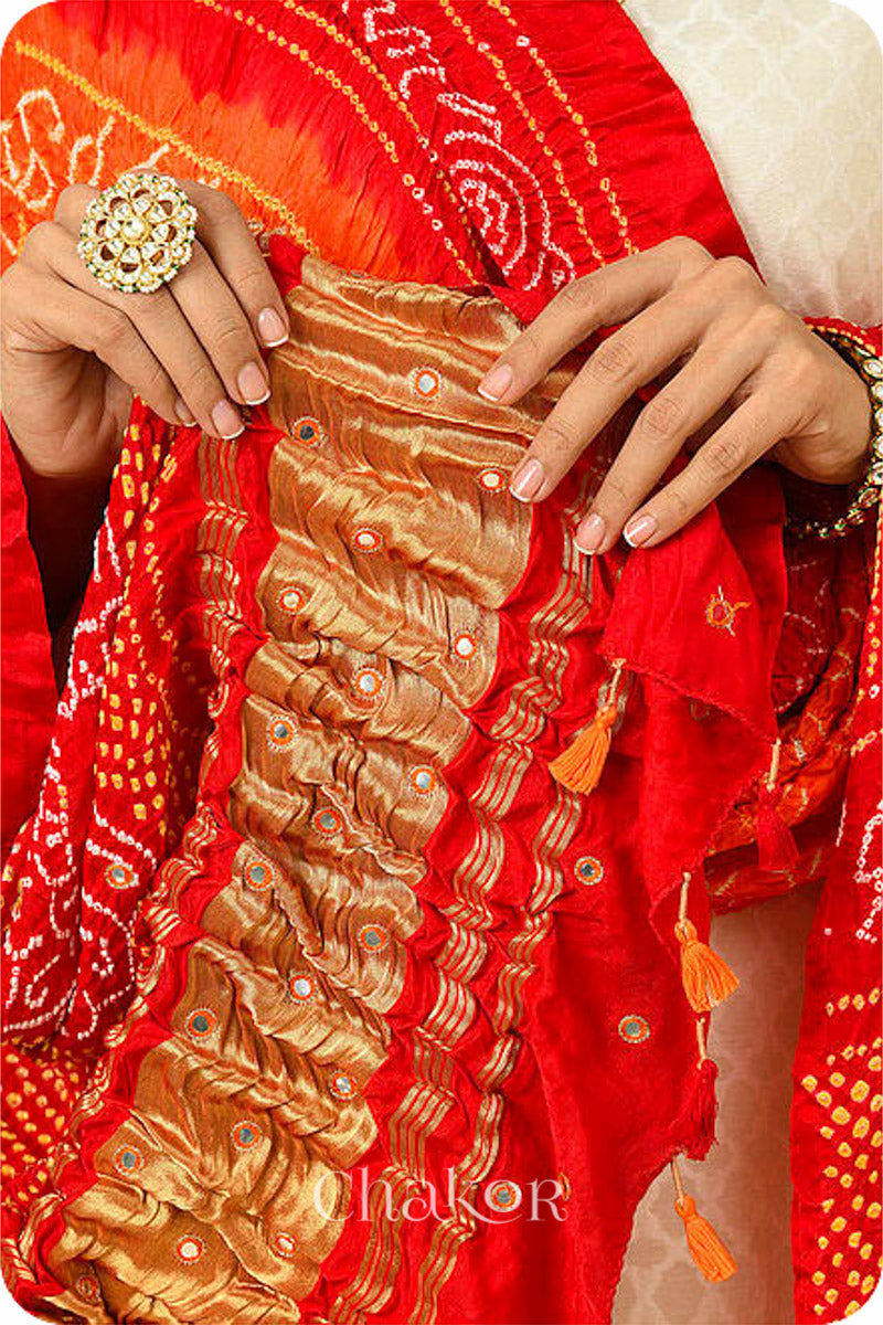 Orange Red Bandhani Gaji Silk Dupatta