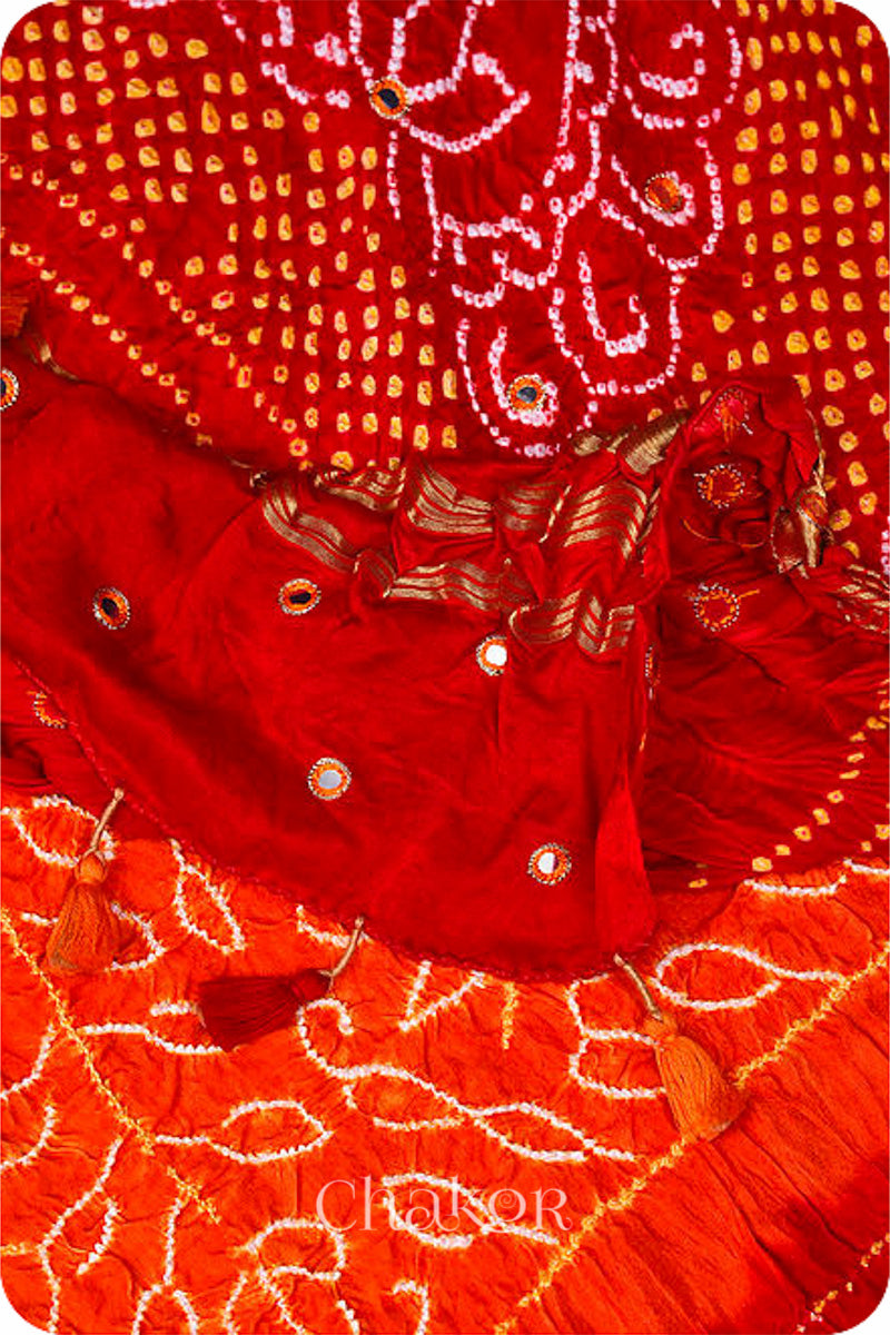 Orange Red Bandhani Gaji Silk Dupatta