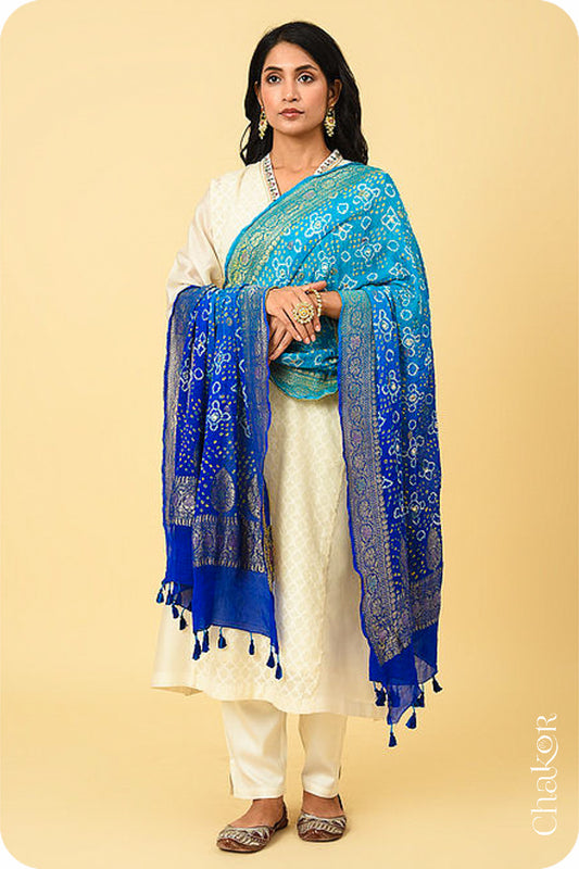 Blue Ombre Bandhani Banarasi Silk Dupatta