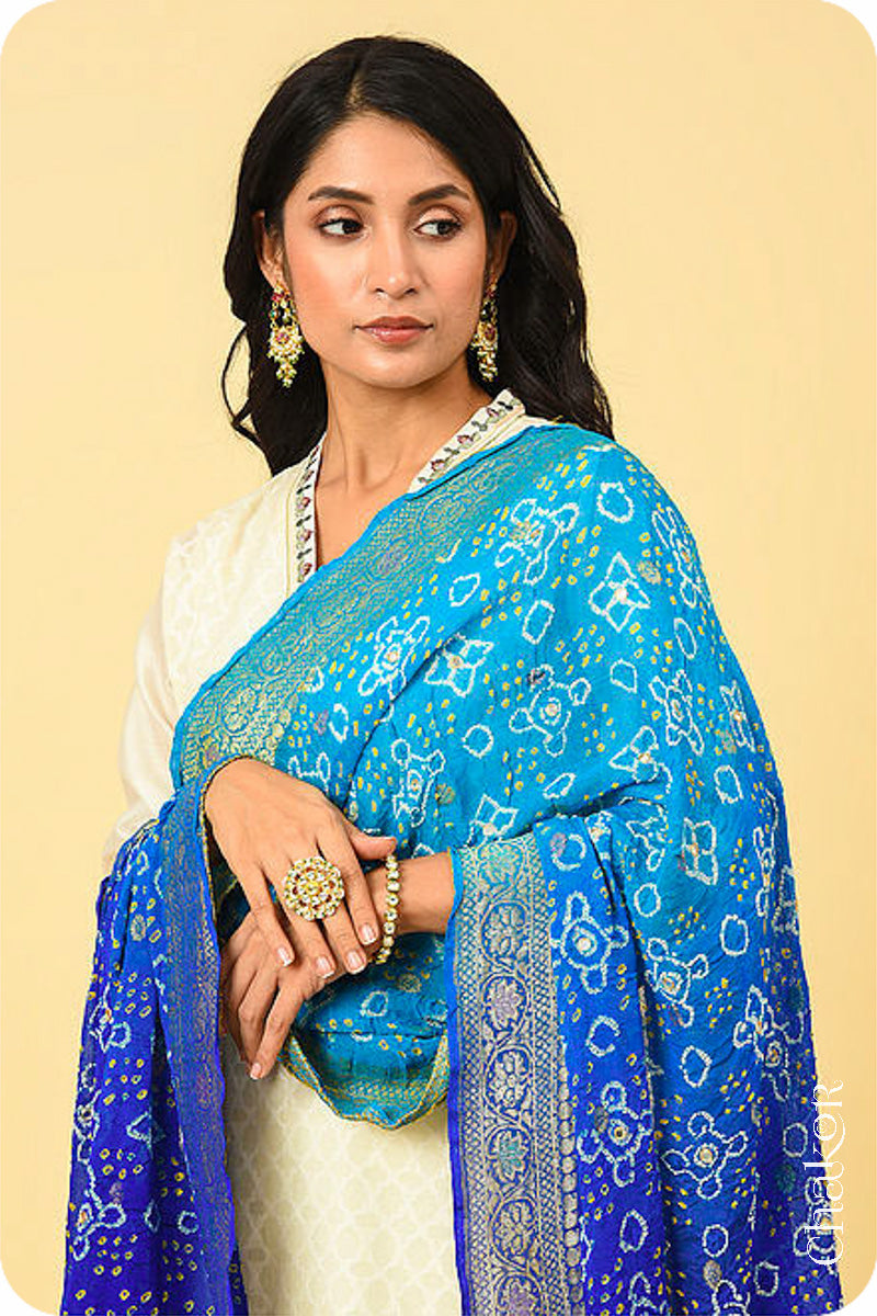 Blue Ombre Bandhani Banarasi Silk Dupatta