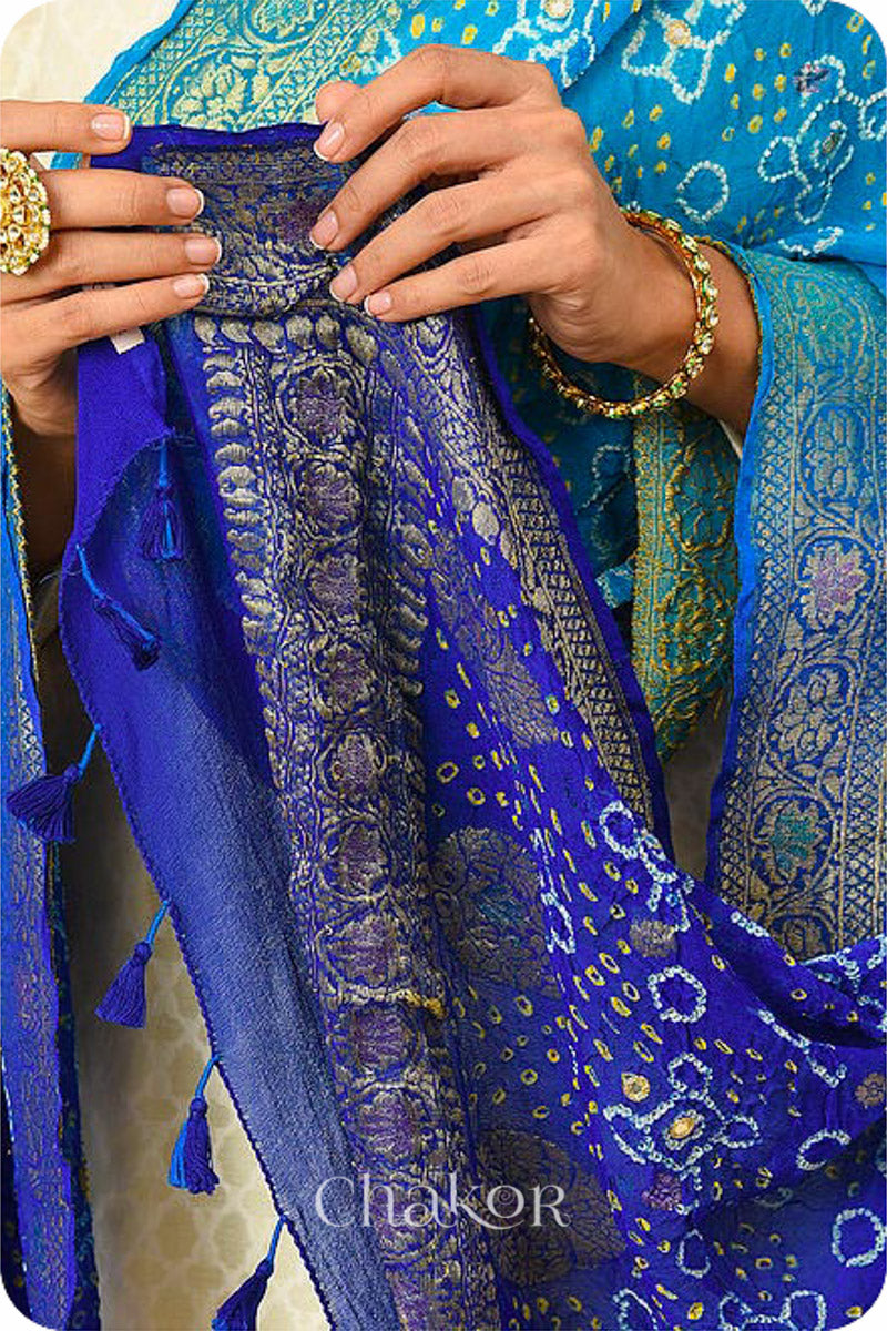 Blue Ombre Bandhani Banarasi Silk Dupatta