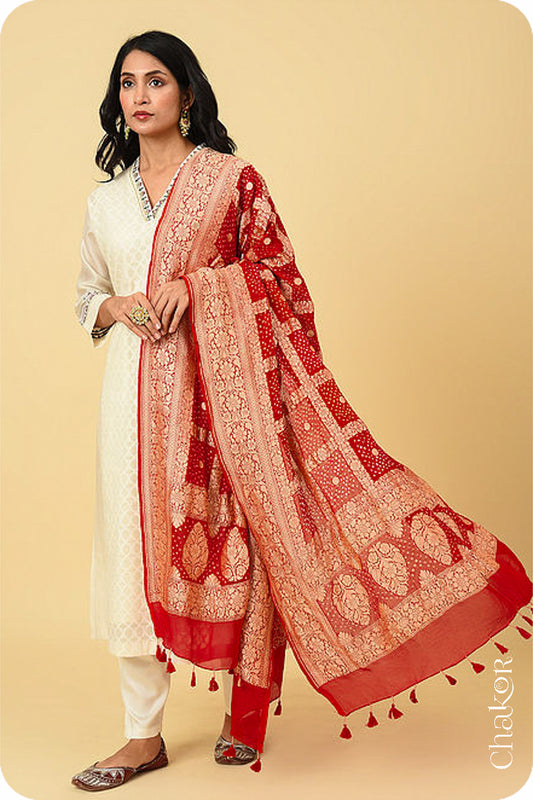 Red Gharchola Bandhani Banarasi Silk Dupatta