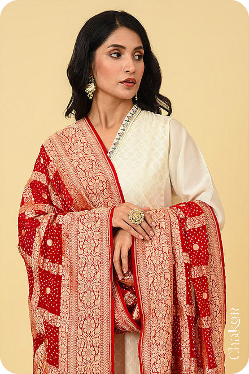 Red Gharchola Bandhani Banarasi Silk Dupatta