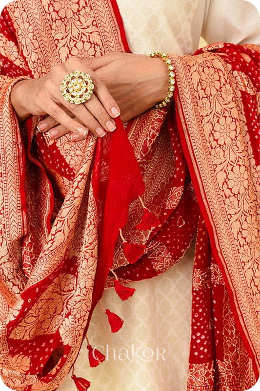 Red Gharchola Bandhani Banarasi Silk Dupatta