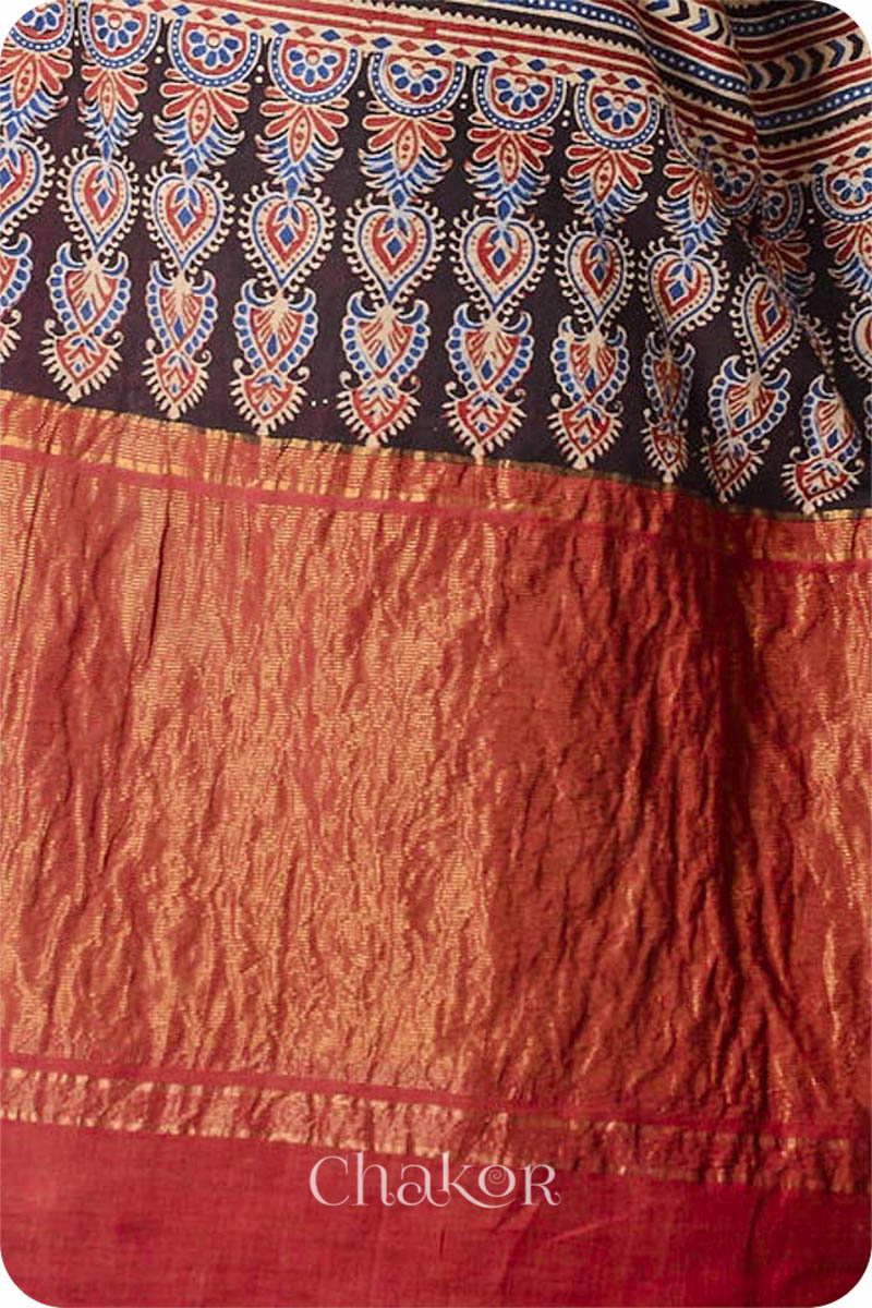 Chakor's Natural Dyed Madder Red Black Ajrakh Mangalgiri Cotton SareeNatural Dyed Black Red Ajrakh Mangalgiri Cotton Saree