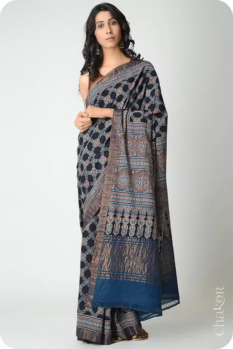 Chakor's Natural Dyed Indigo Black Ajrakh Mangalgiri Cotton SareeChakor's Natural Dyed Black Indigo Ajrakh Mangalgiri Cotton Saree.