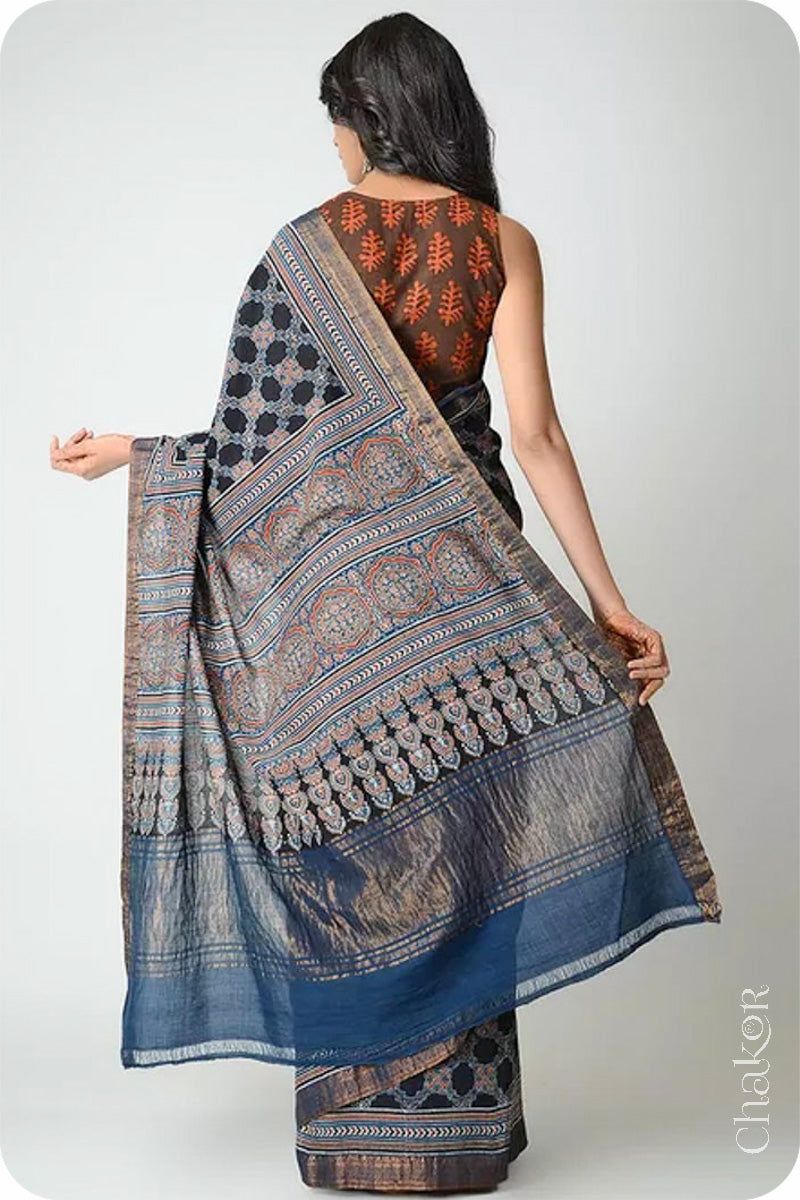 Chakor's Natural Dyed Indigo Black Ajrakh Mangalgiri Cotton SareeChakor's Natural Dyed Black Indigo Ajrakh Mangalgiri Cotton Saree.