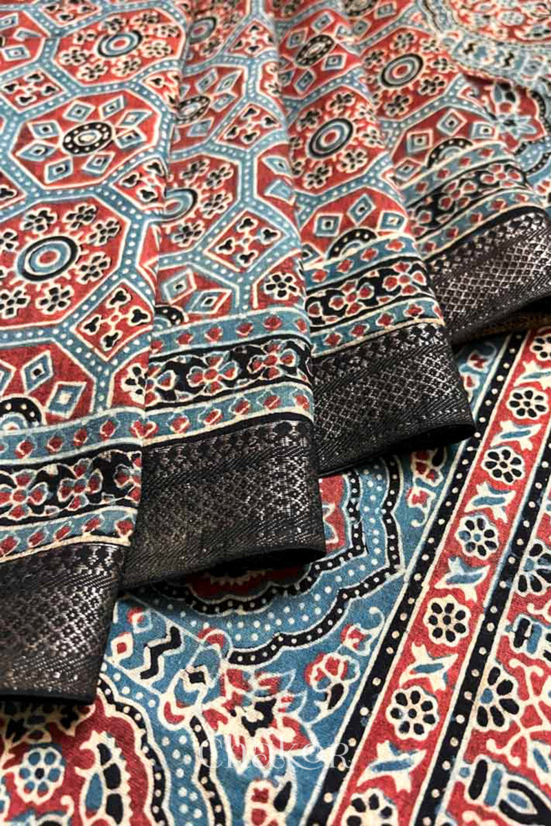 Chakor's Natural Dyed Indigo Ajrakh Printed Mangalgiri Cotton HandloomSaree.
