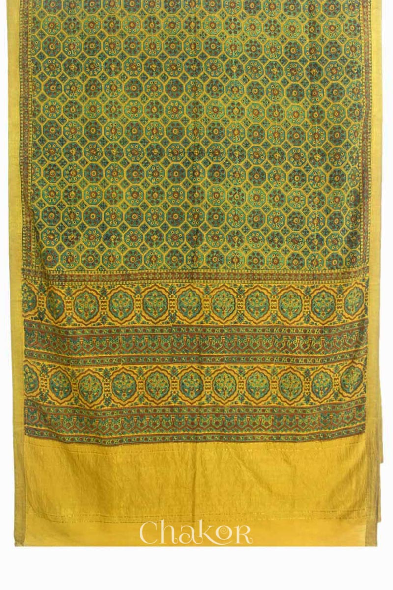 Chakor's Natural Dyed Mustard Ajrakh Mangalgiri Cotton Saree.