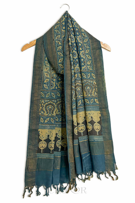 Natural Dyed Indigo Mustard Traditional Ajrakh Mangalgiri Cotton Dupatta with tassels by Chakor.