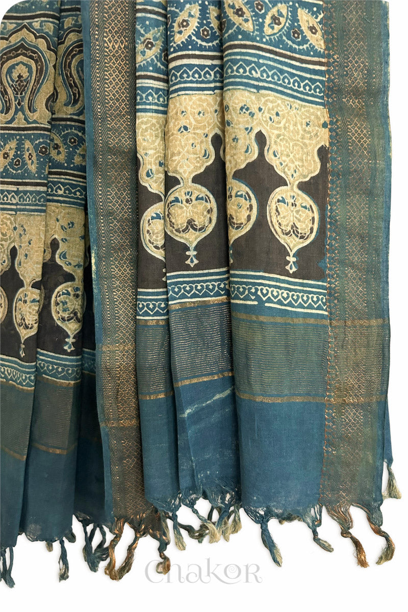 Natural Dyed Indigo Mustard Traditional Ajrakh Mangalgiri Cotton Dupatta with tassels by Chakor.