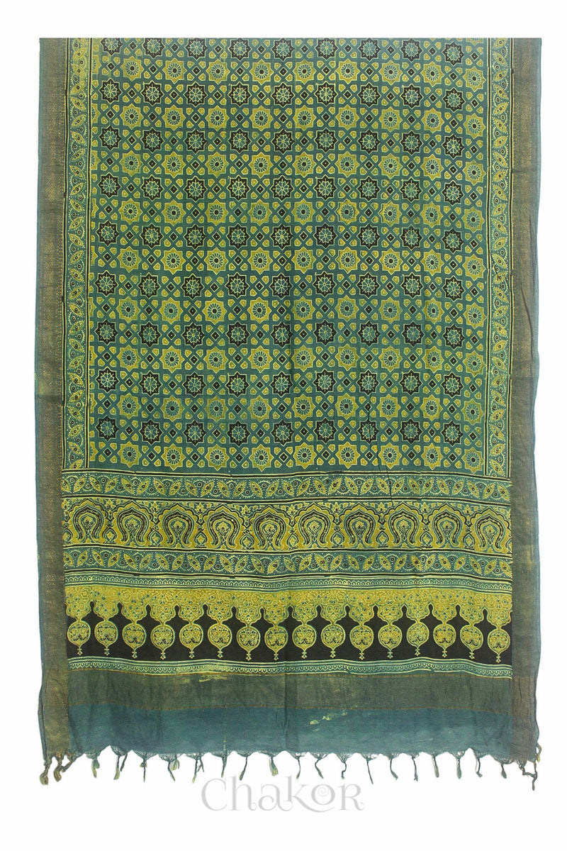 Natural Dyed Green Traditional Ajrakh Mangalgiri Cotton Dupatta with tassels from Chakor.