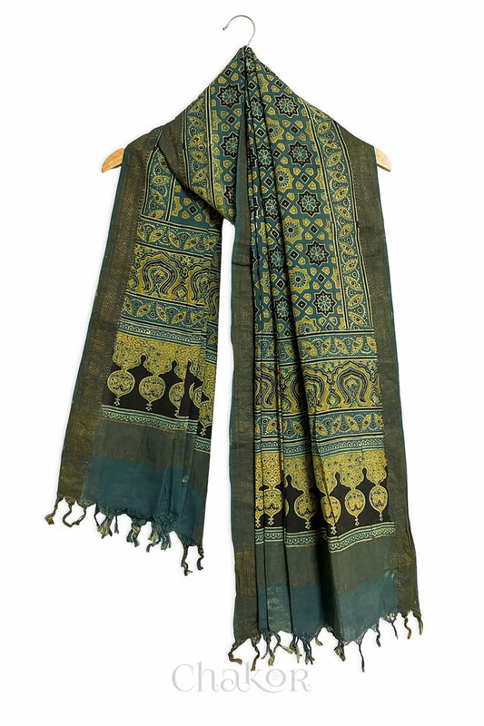 Natural Dyed Green Traditional Ajrakh Mangalgiri Cotton Dupatta with tassels from Chakor.