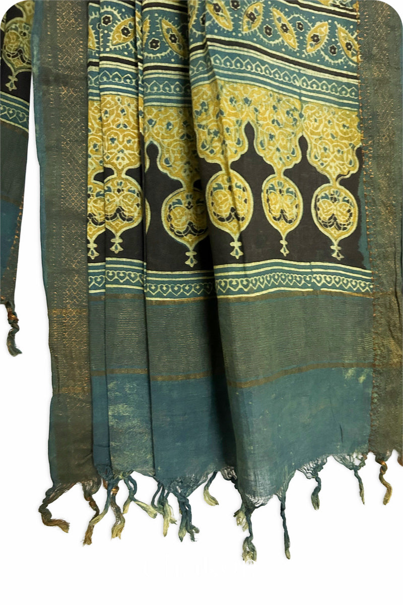 Natural Dyed Green Traditional Ajrakh Mangalgiri Cotton Dupatta with tassels from Chakor.