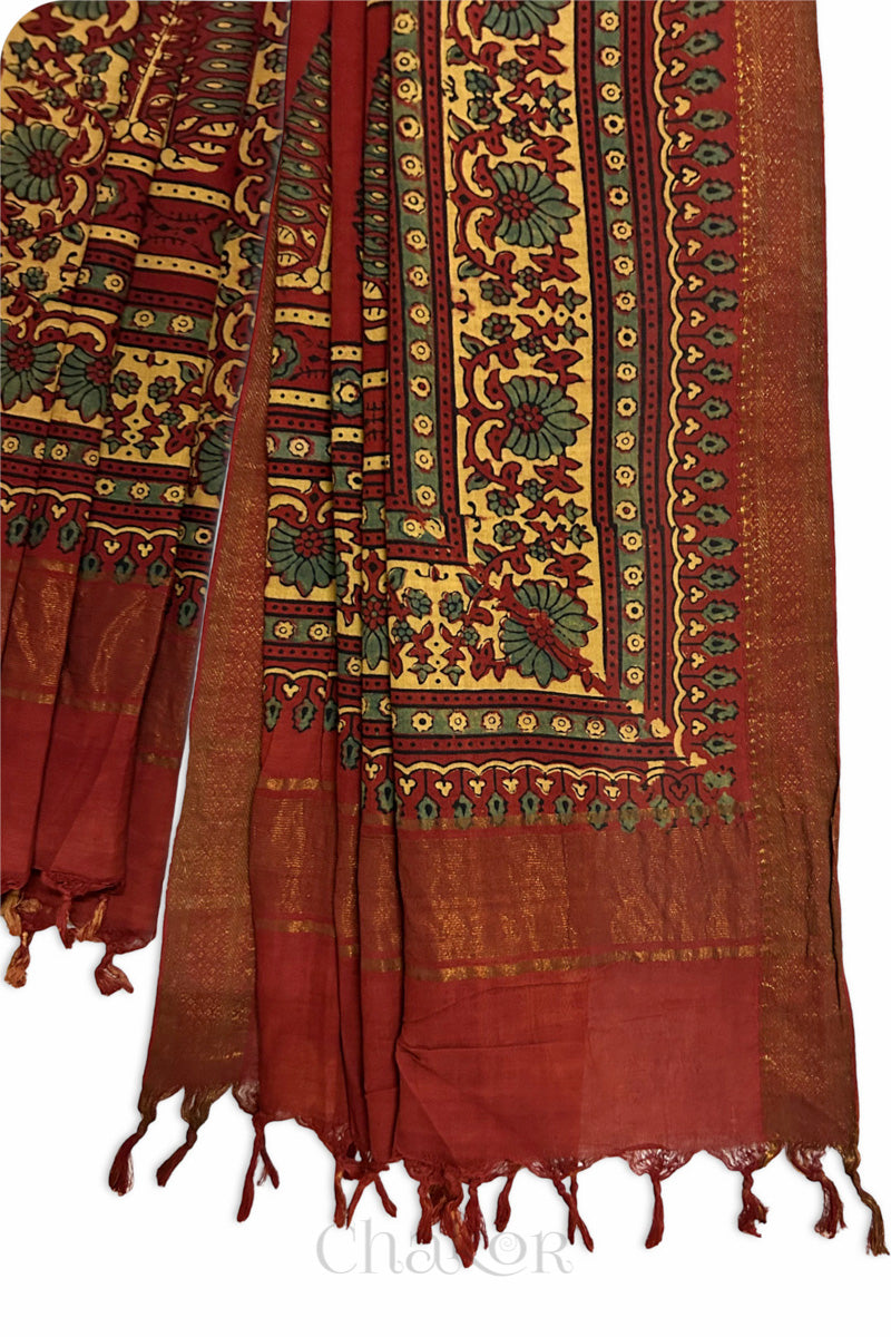 Natural Dyed Red Traditional Ajrakh Mangalgiri Cotton Dupatta with tassels from Chakor.